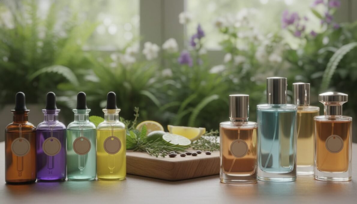 Mesa com óleos essenciais e fragrâncias sintéticas