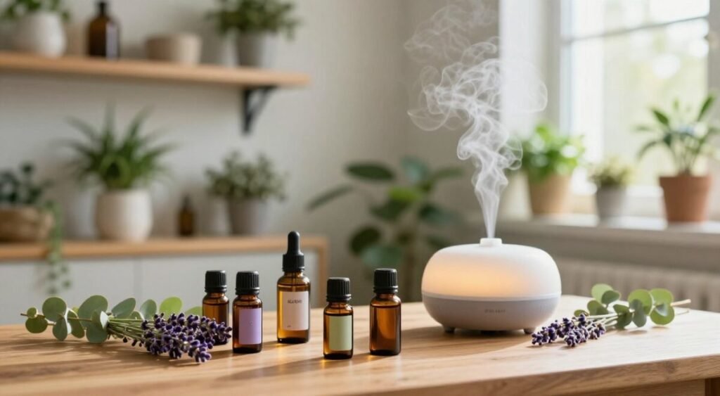 Frascos de óleos essenciais ao lado de difusor de aromas branco em funcionamento, com lavanda e eucalipto sobre mesa de madeira