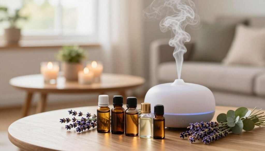 Frascos de óleos essenciais com difusor de aromas e plantas naturais sobre a mesa