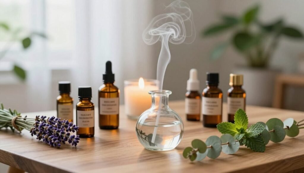 Difusor de aromas com névoa sobre mesa de madeira cercado de lavanda, eucalipto e hortelã-pimenta