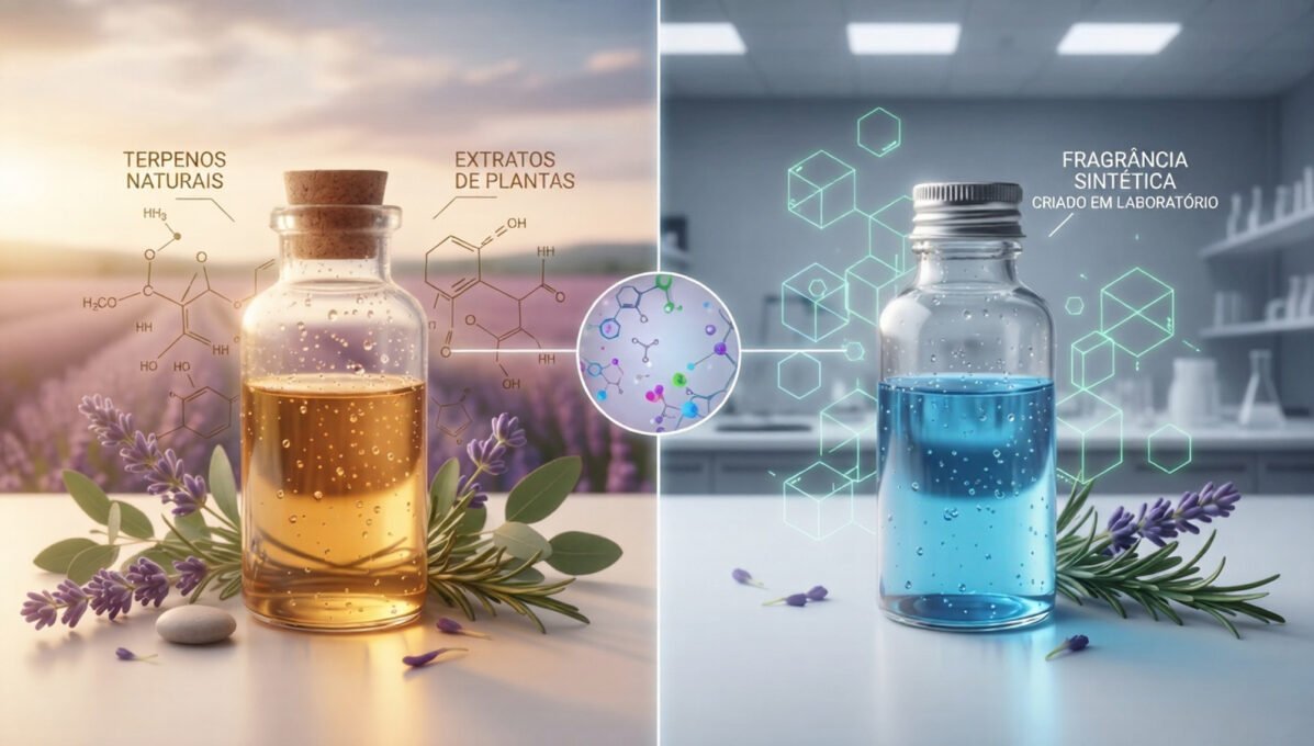 Compostos naturais de óleos essenciais representados por plantas aromáticas como lavanda, hortelã e eucalipto