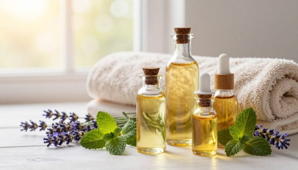 Frascos de óleo essencial com conta-gotas ao lado de ramos de lavanda e hortelã sobre superfície clara Frascos de óleo essencial com conta-gotas ao lado de ramos de lavanda e hortelã sobre superfície clara