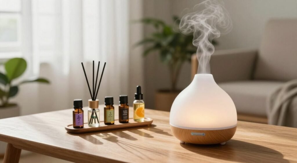 Difusor de aromas com névoa ao lado de frascos de óleos essenciais e varetas em mesa de madeira clara