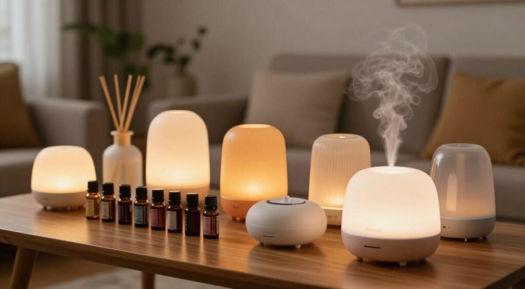 Comparativo de tipos de difusores de aromas sobre mesa com frascos de óleos essenciais em sala de estar