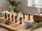 Frascos de óleos essenciais com difusor de aromas e plantas naturais sobre mesa