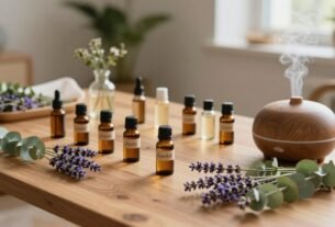Frascos de óleos essenciais com difusor de aromas e plantas naturais sobre mesa