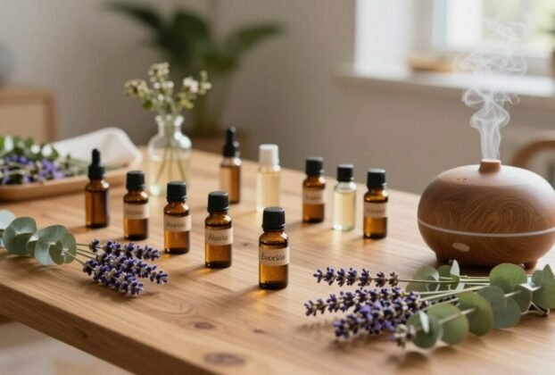 Frascos de óleos essenciais com difusor de aromas e plantas naturais sobre mesa