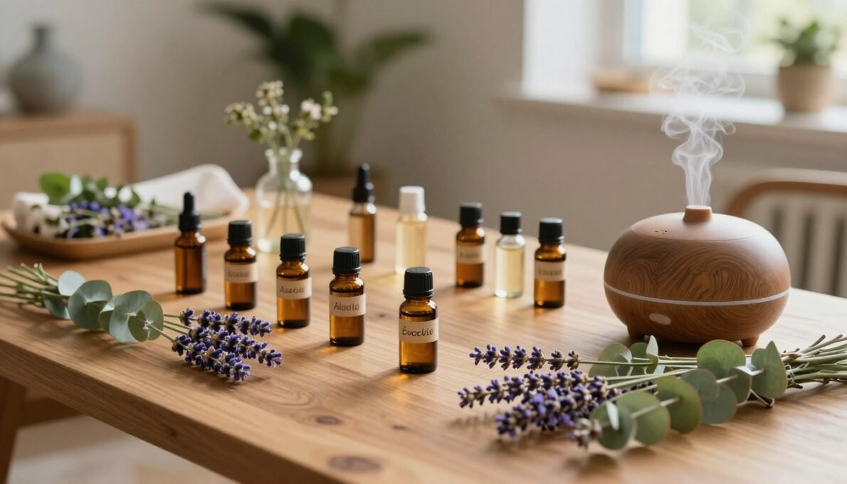 Frascos de óleos essenciais com difusor de aromas e plantas naturais sobre mesa