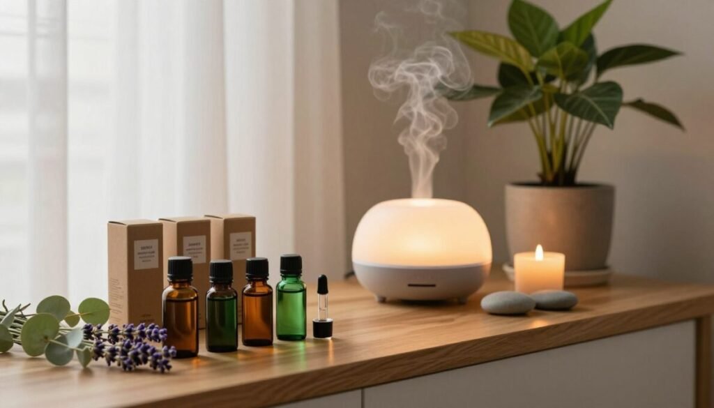 Difusor de aromas emitindo névoa ao lado de frascos de óleos essenciais sobre bancada de madeira Difusor de aromas emitindo névoa ao lado de frascos de óleos essenciais sobre bancada de madeira