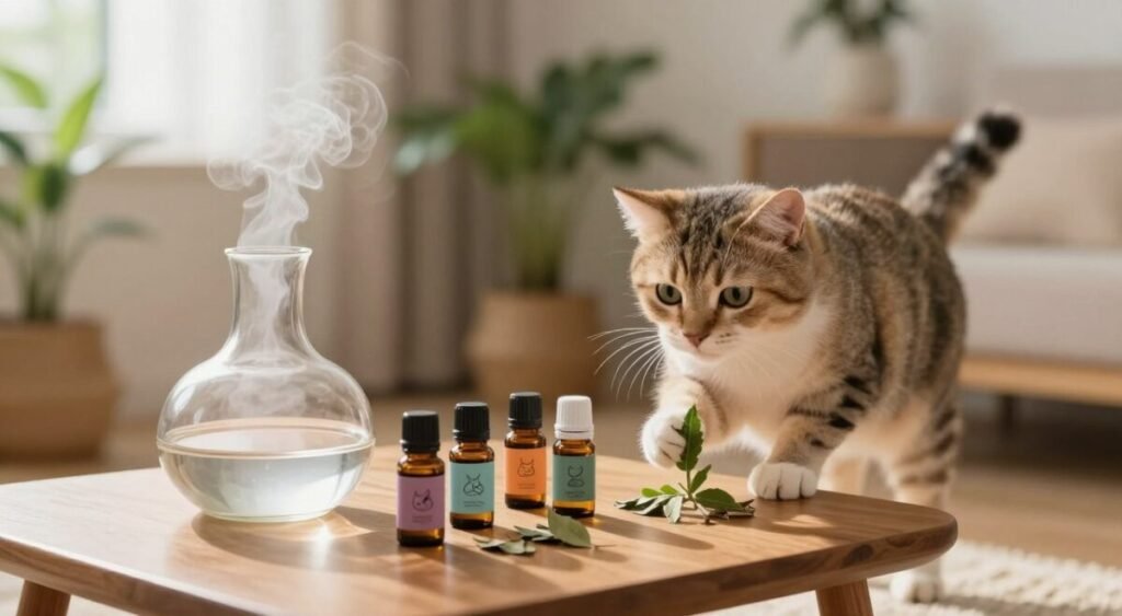 gato se aproximando de frascos de óleos essenciais ao lado de difusor — cuidados com óleos essenciais para gatos