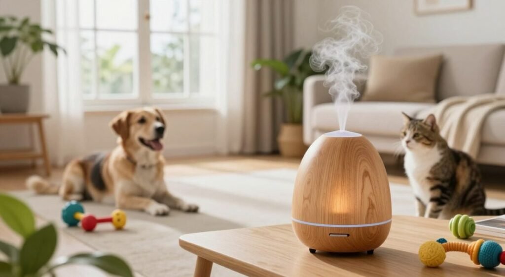 difusor de óleo essencial para cachorros e gatos em sala ventilada — uso seguro de aromaterapia com pets
