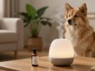 óleo essencial para cachorros — cão de pelo dourado observando difusor de aromas em funcionamento sobre mesa de sala