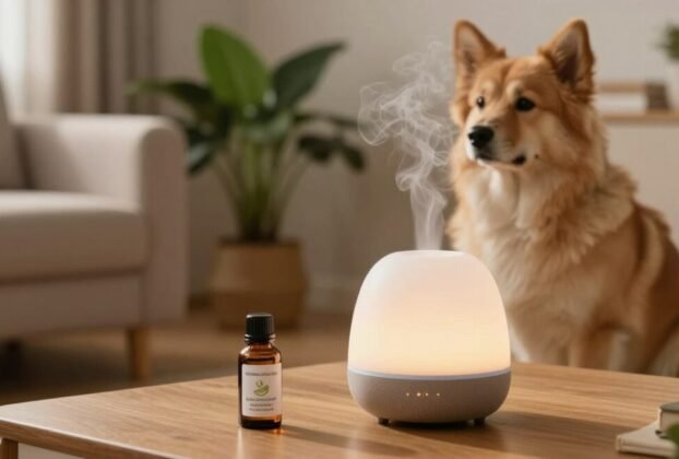óleo essencial para cachorros — cão de pelo dourado observando difusor de aromas em funcionamento sobre mesa de sala
