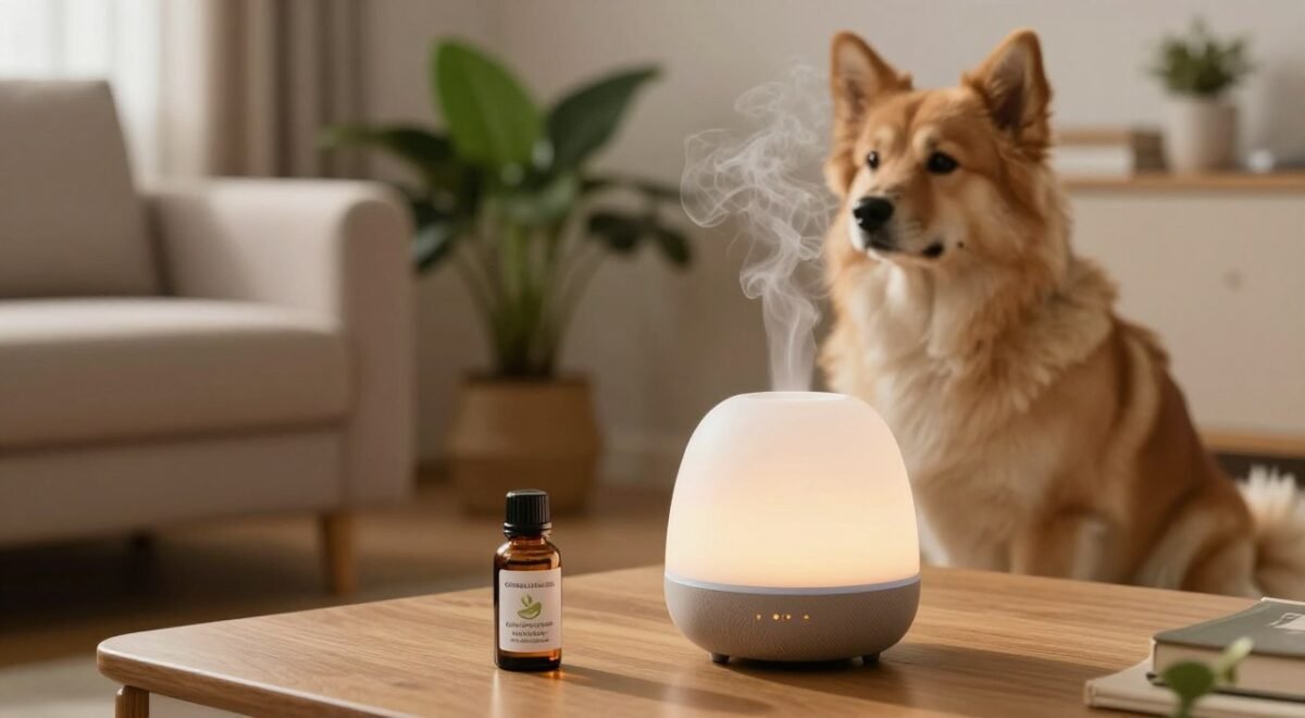 óleo essencial para cachorros — cão de pelo dourado observando difusor de aromas em funcionamento sobre mesa de sala