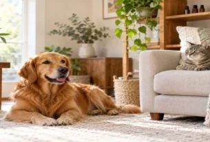 Óleo essencial para cachorros e gatos em ambiente doméstico com frascos armazenados fora do alcance dos animais