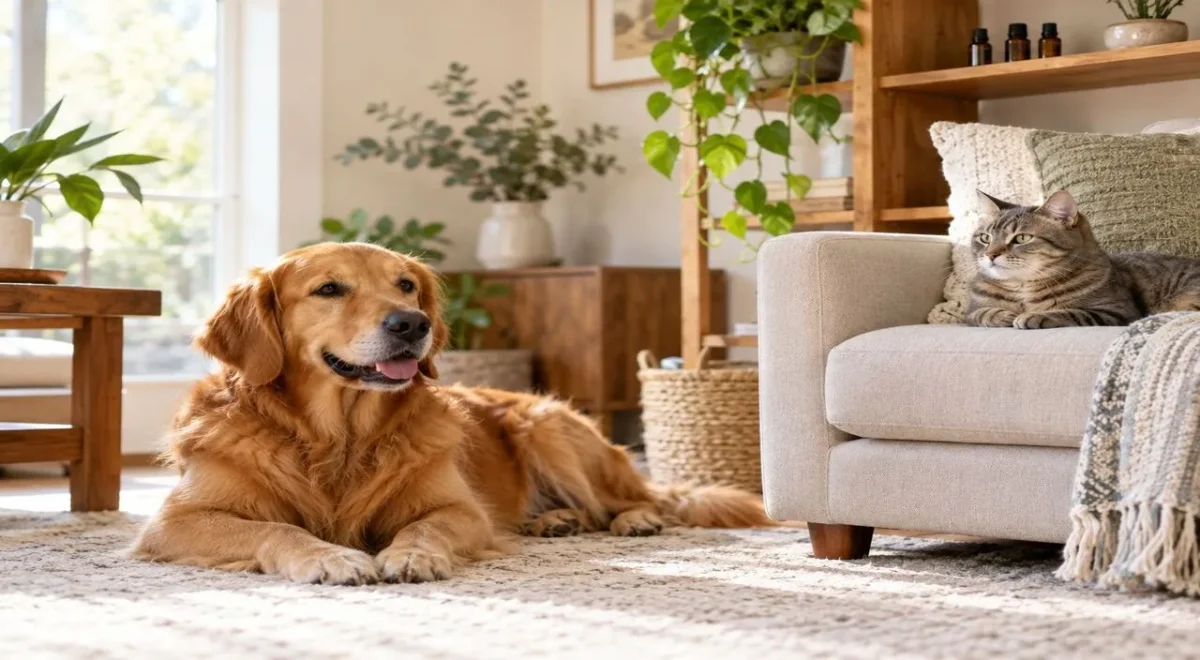 Óleo essencial para cachorros e gatos em ambiente doméstico com frascos armazenados fora do alcance dos animais