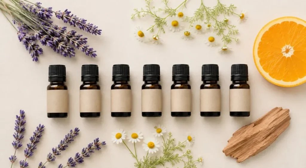 Sete frascos de óleo essencial para banho de imersão, com lavanda, camomila, laranja e cedro