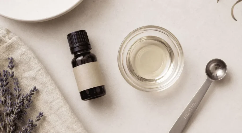 Preparação de diluição para banho de imersão com óleos essenciais, óleo vegetal carreador e colher de medida