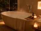 Banho de imersão com óleos essenciais em banheira relaxante, ambiente aconchegante com luz suave e vela acesa