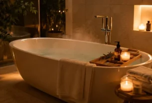 Banho de imersão com óleos essenciais em banheira relaxante, ambiente aconchegante com luz suave e vela acesa