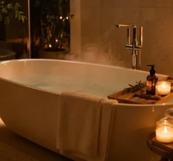 Banho de imersão com óleos essenciais em banheira relaxante, ambiente aconchegante com luz suave e vela acesa