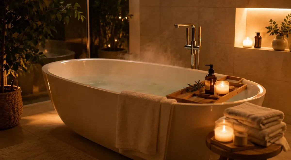 Banho de imersão com óleos essenciais em banheira relaxante, ambiente aconchegante com luz suave e vela acesa