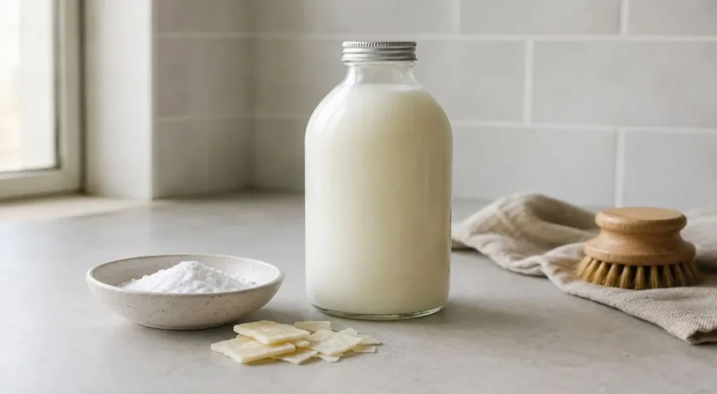 Como fazer detergente caseiro: frasco fechado com a preparação armazenada sobre bancada limpa, ao lado de bicarbonato de sódio e sabão vegetal.