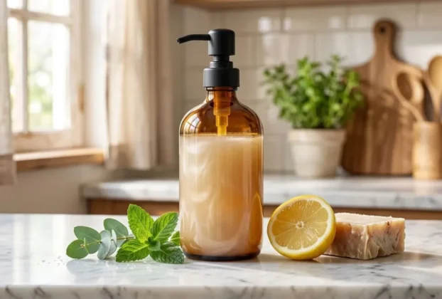 Resultado final de como fazer detergente caseiro: um frasco de vidro âmbar com válvula pump e líquido perolado, ao lado de um limão-siciliano e sabão de coco.