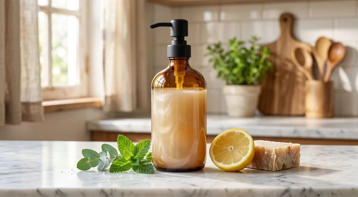 Resultado final de como fazer detergente caseiro: um frasco de vidro âmbar com válvula pump e líquido perolado, ao lado de um limão-siciliano e sabão de coco.