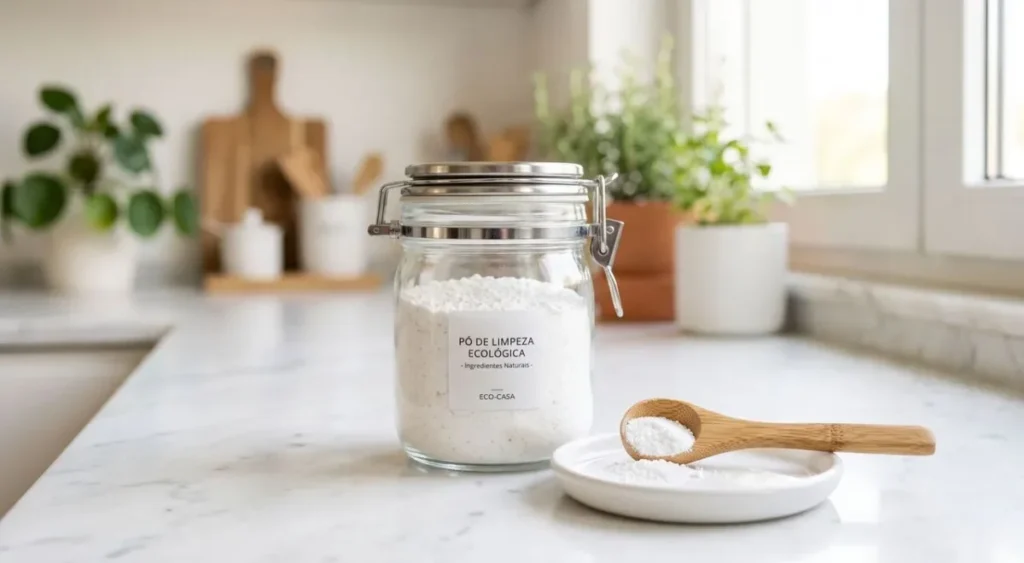 Frasco de vidro hermético contendo pó branco e granular para limpeza de louças, com uma pequena colher de bambu apoiada ao lado sobre um prato. Frasco de vidro hermético contendo pó branco e granular para limpeza de louças, com uma pequena colher de bambu apoiada ao lado sobre um prato.