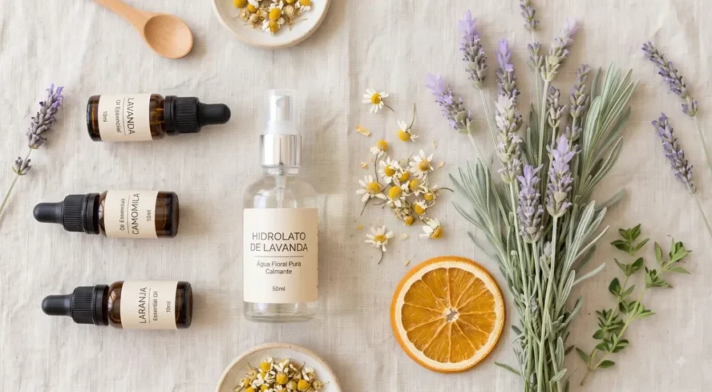 Frascos de óleo essencial de lavanda, camomila e laranja ao lado de hidrolato de lavanda, flores secas e fatia de laranja Frascos de óleo essencial de lavanda, camomila e laranja ao lado de hidrolato de lavanda, flores secas e fatia de laranja