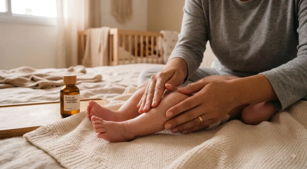 Mãos de adulto aplicando óleo de massagem natural nos pezinhos de um bebê sobre a cama, com berço ao fundo Mãos de adulto aplicando óleo de massagem natural nos pezinhos de um bebê sobre a cama, com berço ao fundo