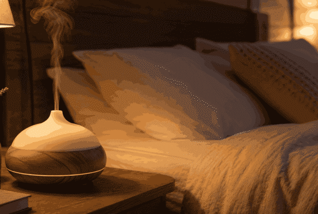Quarto aconchegante à noite com difusor de aromaterapia liberando vapor suave, representando o uso de óleos essenciais para dormir, com iluminação quente e roupa de cama em tons neutros.