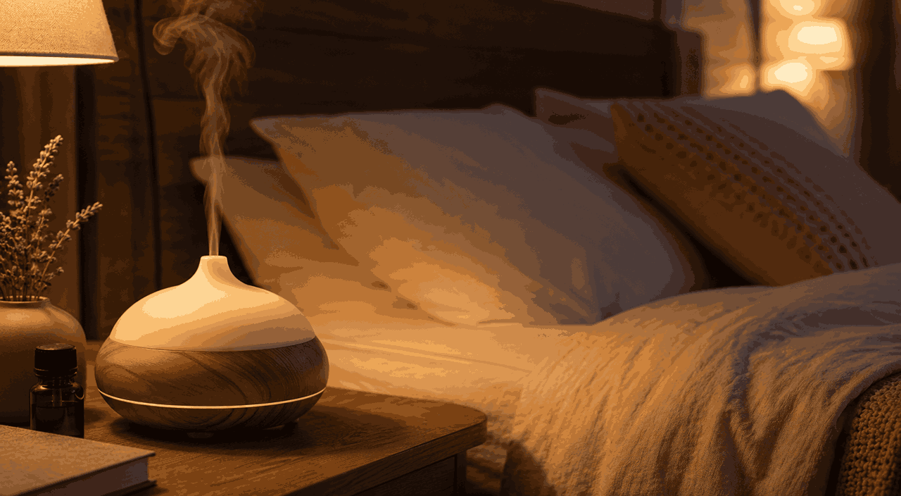 Quarto aconchegante à noite com difusor de aromaterapia liberando vapor suave, representando o uso de óleos essenciais para dormir, com iluminação quente e roupa de cama em tons neutros.