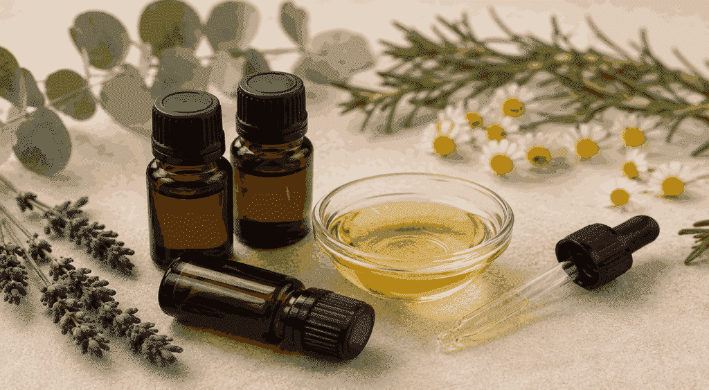 Blend de óleos essenciais com frascos de vidro âmbar, óleo carreador em recipiente de vidro e conta-gotas, em composição de aromaterapia com ervas e flores.