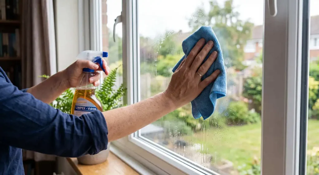 Mãos de uma pessoa limpando o vidro de uma janela de casa com um pano de microfibra e borrifando limpa-vidros com óleo essencial em um ambiente com luz natural suave. Mãos de uma pessoa limpando o vidro de uma janela de casa com um pano de microfibra e borrifando limpa-vidros com óleo essencial em um ambiente com luz natural suave.