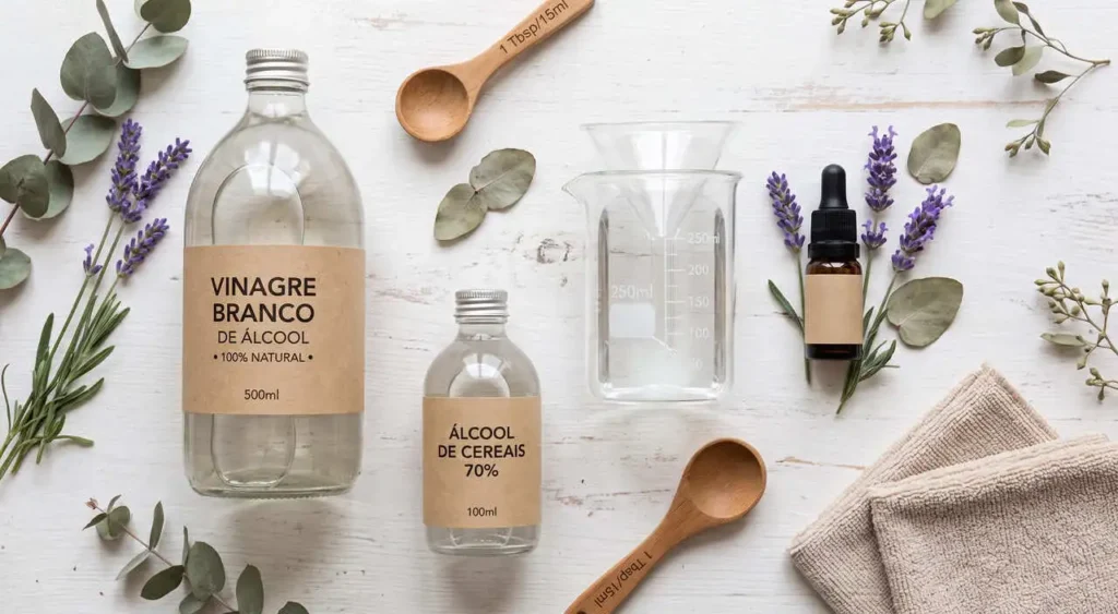 Ingredientes para uma receita de limpa-vidros natural vistos de cima, incluindo garrafas de vinagre branco e álcool, um pequeno frasco de óleo essencial, ramos botânicos e um medidor de vidro sobre uma mesa clara. Ingredientes para uma receita de limpa-vidros natural vistos de cima, incluindo garrafas de vinagre branco e álcool, um pequeno frasco de óleo essencial, ramos botânicos e um medidor de vidro sobre uma mesa clara.