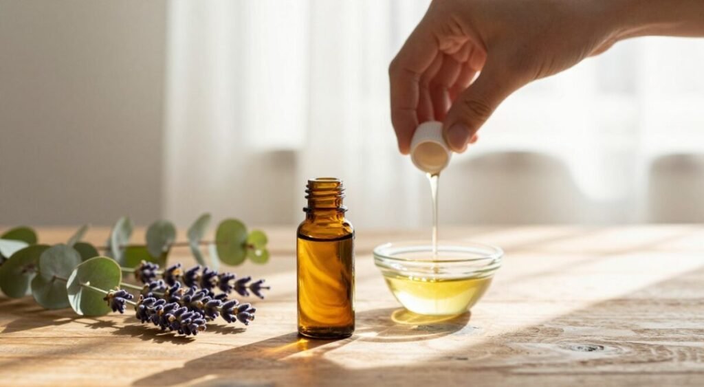 Preparo de diluição de óleo essencial com conta-gotas, tigela de vidro, lavanda e eucalipto sobre mesa de madeira