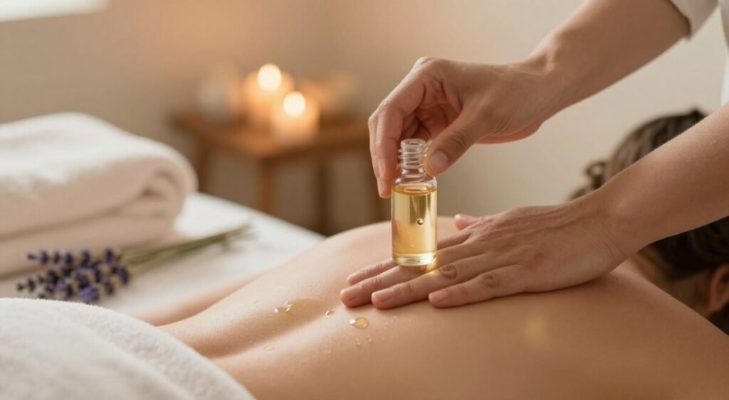 Aplicação de óleo essencial para dor muscular durante massagem nas costas, em ambiente relaxante com velas