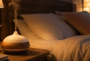 Quarto aconchegante à noite com difusor de aromaterapia liberando vapor suave, representando o uso de óleos essenciais para dormir, com iluminação quente e roupa de cama em tons neutros.