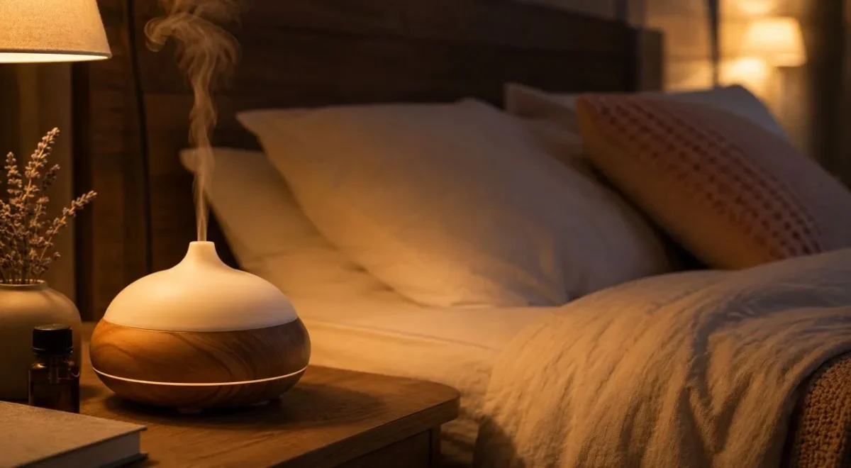 Quarto aconchegante à noite com difusor de aromaterapia liberando vapor suave, representando o uso de óleos essenciais para dormir, com iluminação quente e roupa de cama em tons neutros.