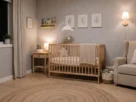 Quarto de bebê tranquilo à noite, com berço de madeira, luz suave e ambiente aconchegante para rotina de óleo essencial para bebê dormir