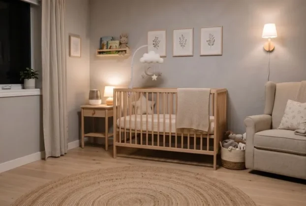 Quarto de bebê tranquilo à noite, com berço de madeira, luz suave e ambiente aconchegante para rotina de óleo essencial para bebê dormir