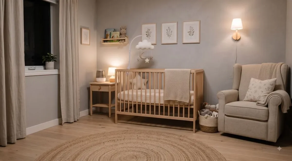 Quarto de bebê tranquilo à noite, com berço de madeira, luz suave e ambiente aconchegante para rotina de óleo essencial para bebê dormir Quarto de bebê tranquilo à noite, com berço de madeira, luz suave e ambiente aconchegante para rotina de óleo essencial para bebê dormir