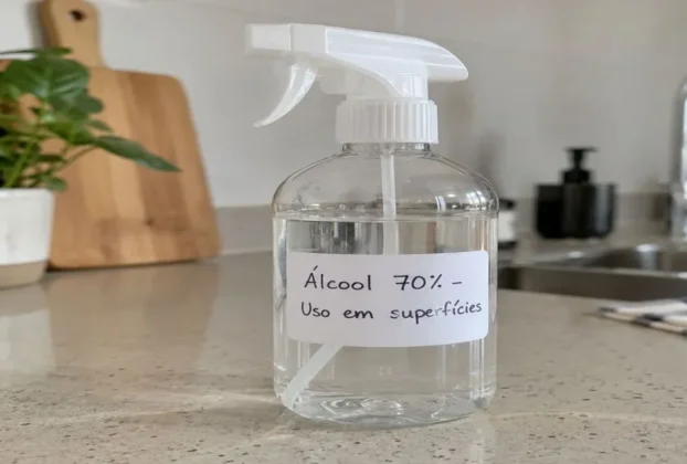 Desinfetante natural caseiro: frasco spray de álcool 70% rotulado sobre bancada