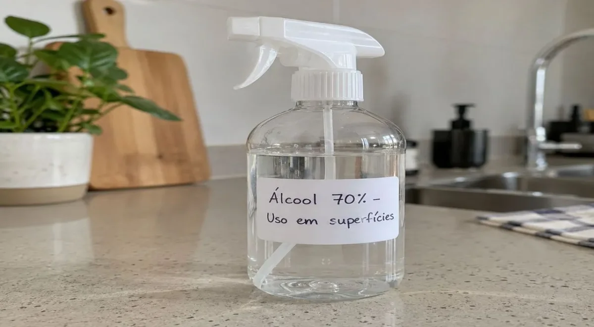 Desinfetante natural caseiro: frasco spray de álcool 70% rotulado sobre bancada