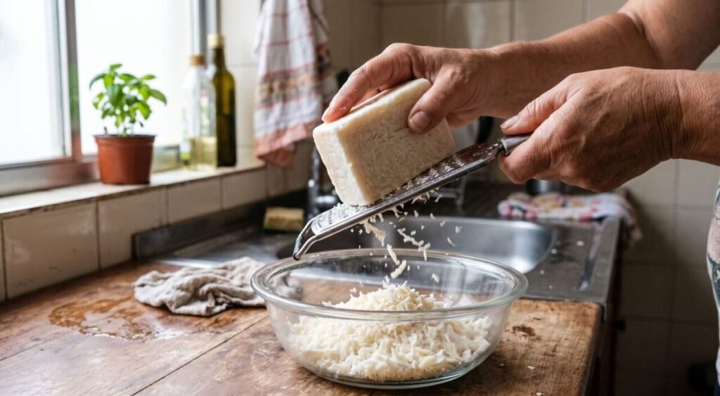 Como fazer sabão em pó caseiro: mãos ralando barra de sabão de coco