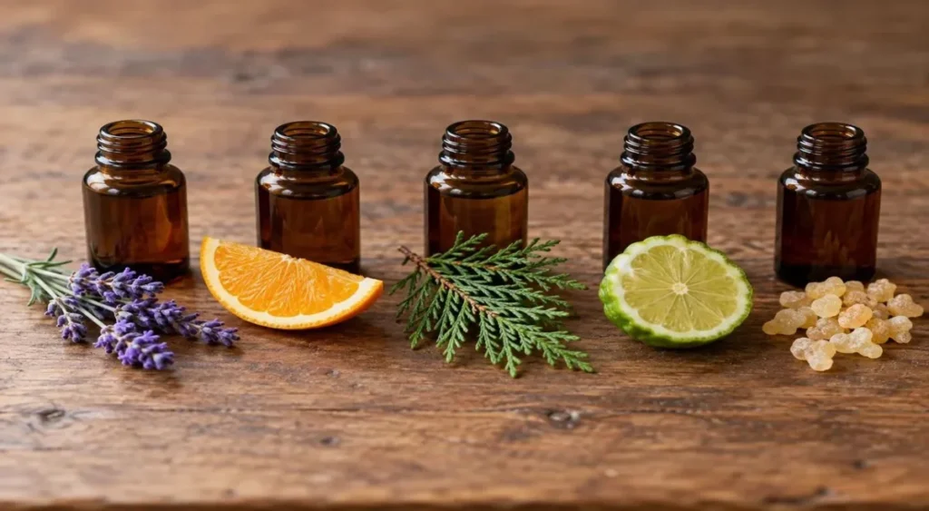 Cinco blends de óleos essenciais para relaxar com lavanda, laranja-doce, bergamota, cedro e olíbano