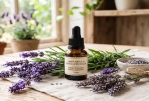 Óleo essencial de lavanda ao lado de flores de Lavandula angustifolia