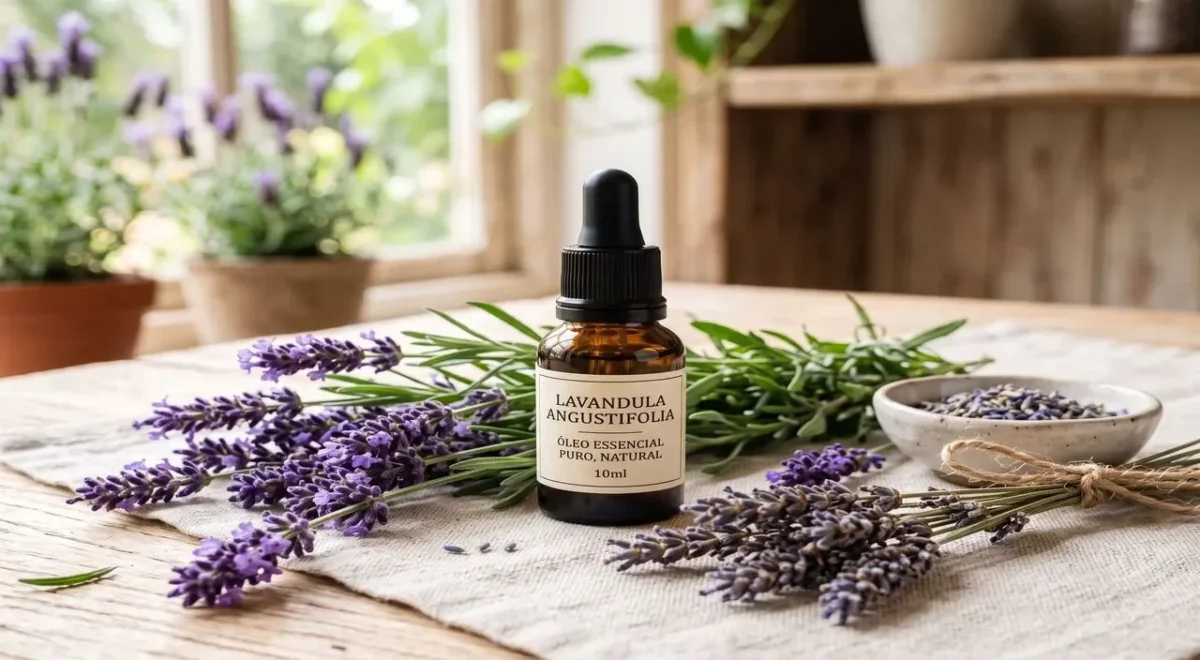 Óleo essencial de lavanda ao lado de flores de Lavandula angustifolia